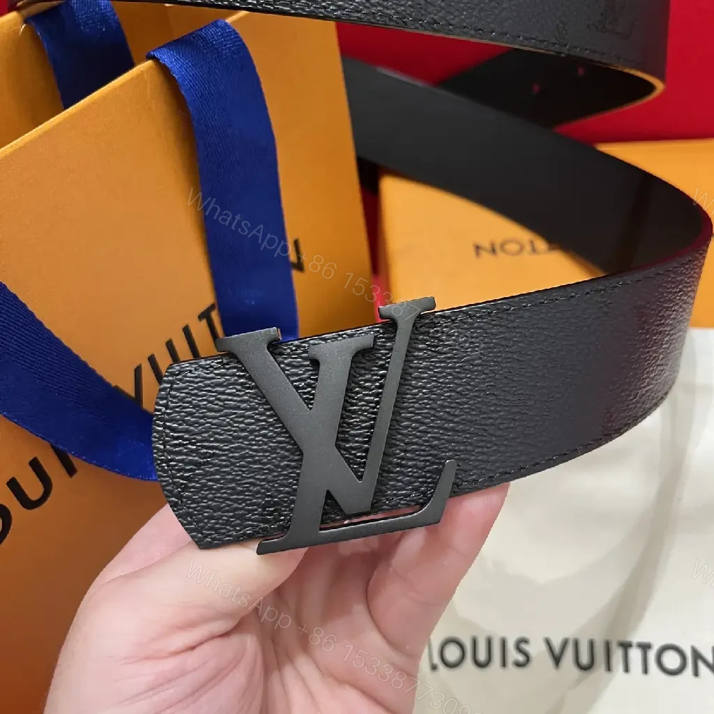View 6 of Black Leather Belt with Bold Gunmetal LV Buckle Set