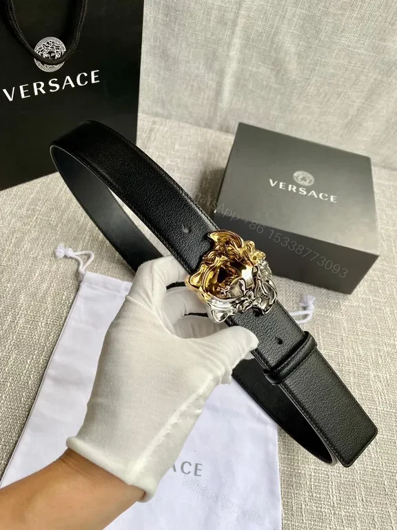 View 2 of Polished Dual-Tone Medusa Belt â€” Luxe Calfskin, Versace Luxury Belt