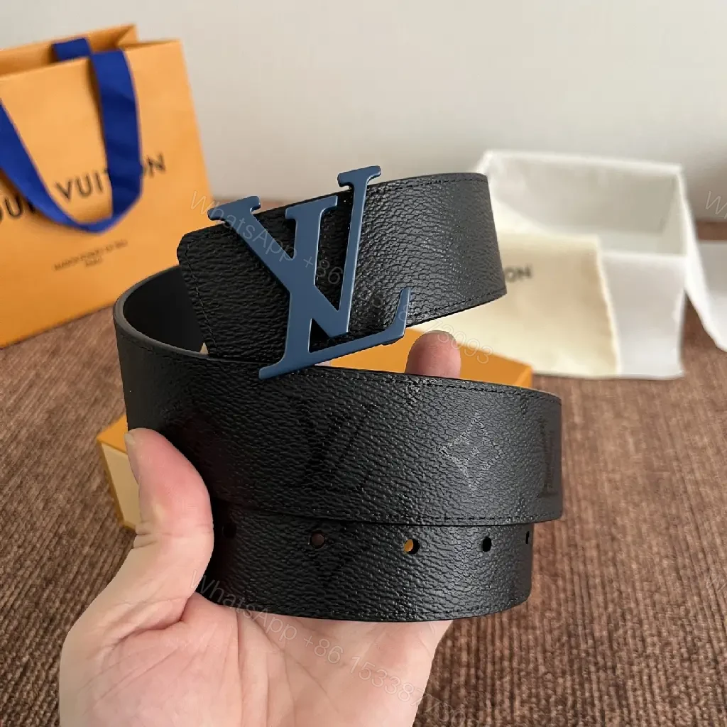 View 5 of Black Belt with Blue LV Logo Buckle, Pebbled Leather, Classic Style