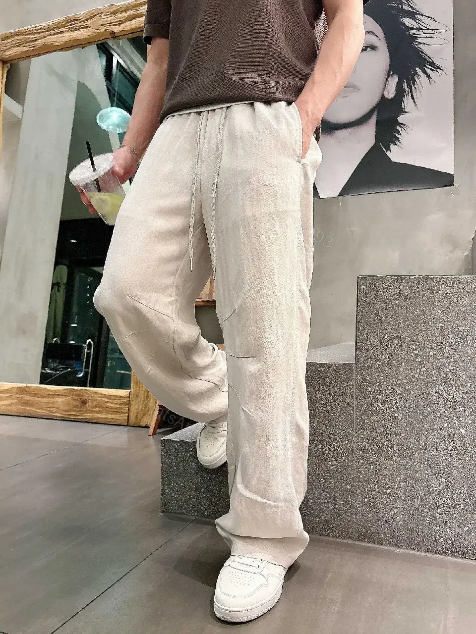 View 3 of Light Beige/Off-White Cargo Pants with Drawstring Waist, Relaxed Fit