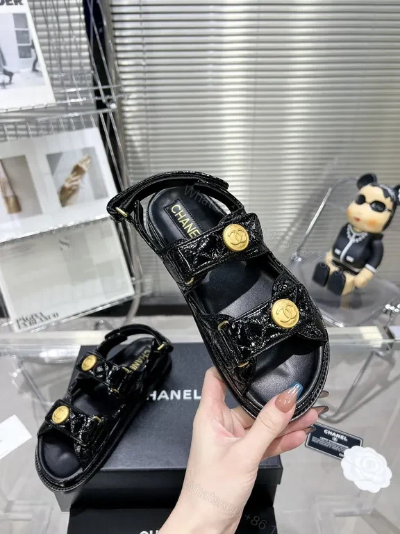 View 7 of Chanel-Inspired Black Patent Sandals with Gold Buttons