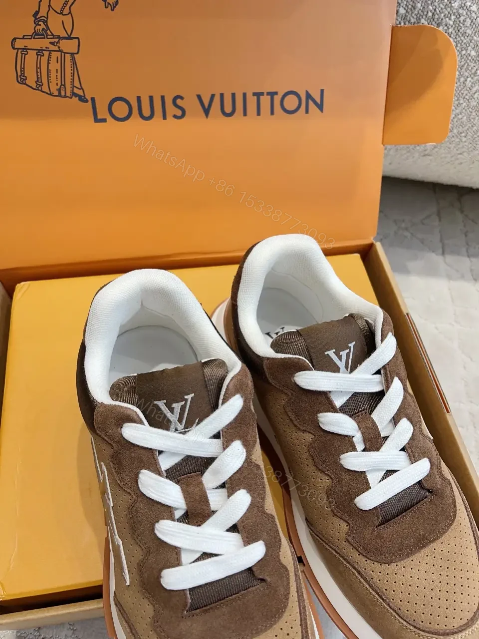 View 10 of Brown Leather Suede Modern Logo Accent Louis Vuitton Shoes