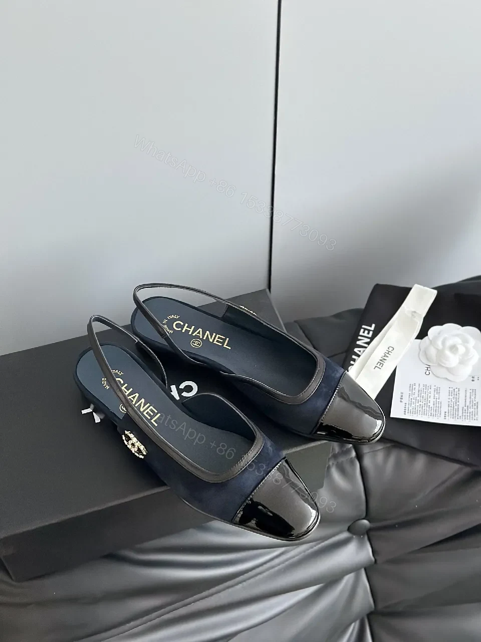 View 9 of Lux Satin Sling-Back Sandals: Navy with Logo Accent