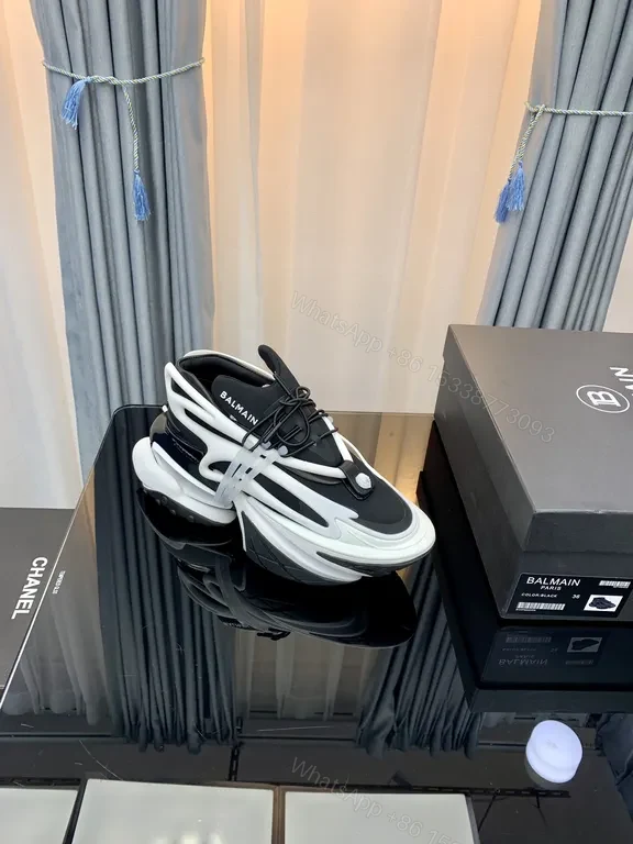 View 4 of Black Leather Knit Balmain-Style High-Top Sneakers with Plush Comfort