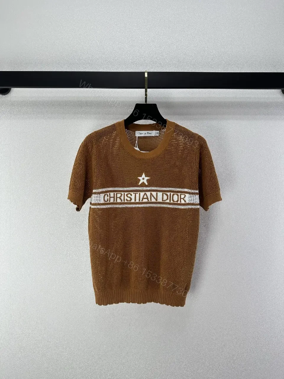 View 8 of Brown Knit Tee Wool Casual Dior Stripe Logo Top