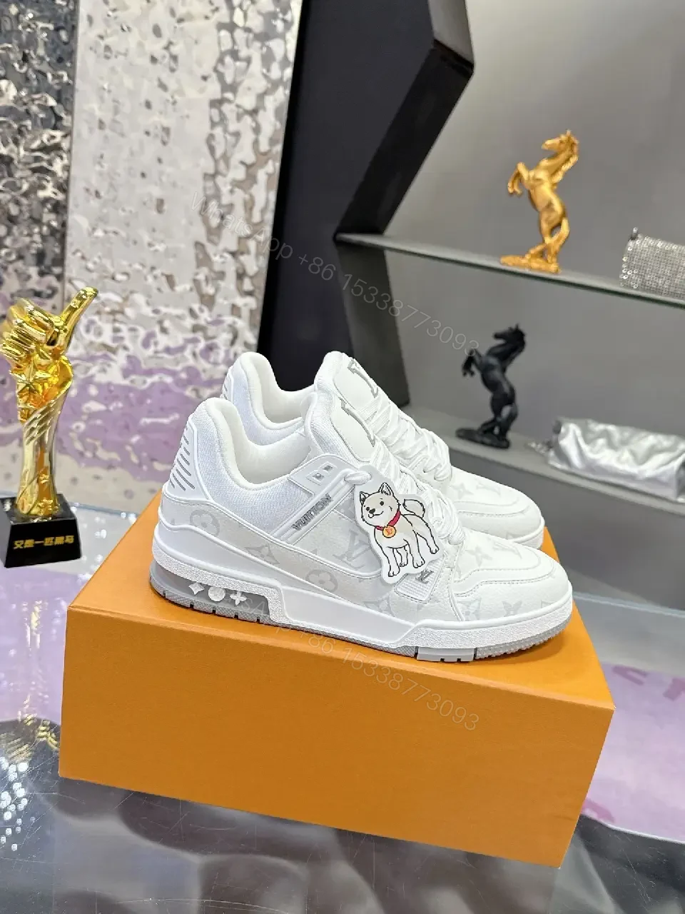 View 5 of White Leather Monogram Luxe Sneaker, All-Day Comfort