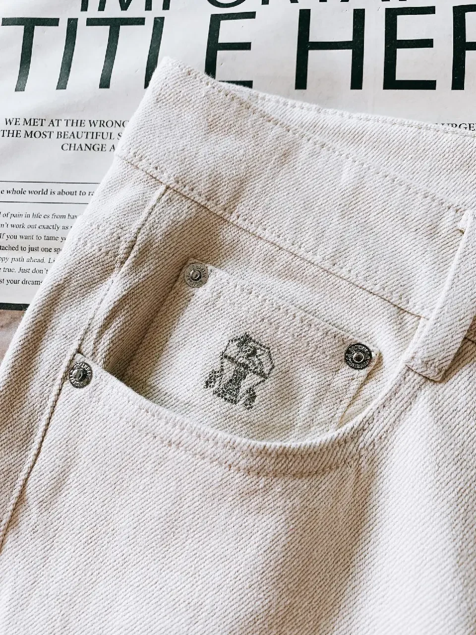 View 2 of Off-White Cream Straight-Leg Denim: Slim Tapered Pants with Five-Pocket Style