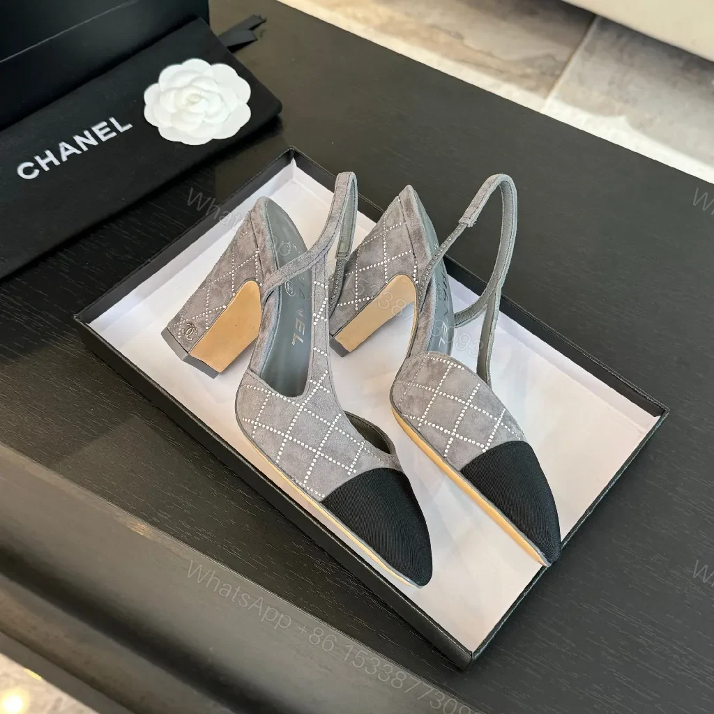 View 4 of Plaid-Embellished Suede Slingbacks with Block Heel