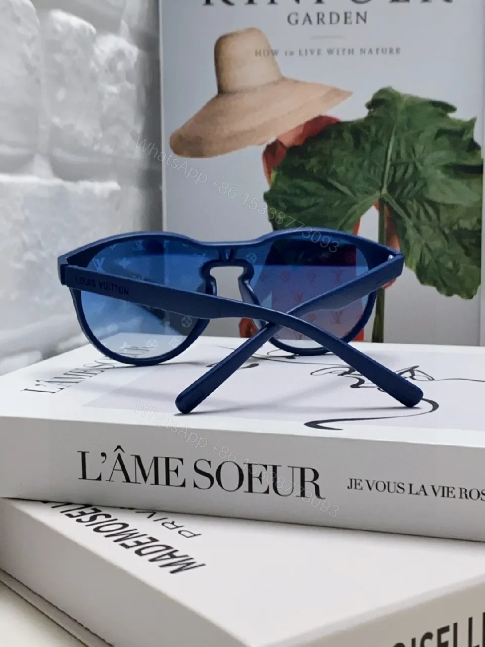 View 7 of Blue Translucent Monogram Shield Sunglasses - Oversized, UV-safe, Light-Weight Acetate