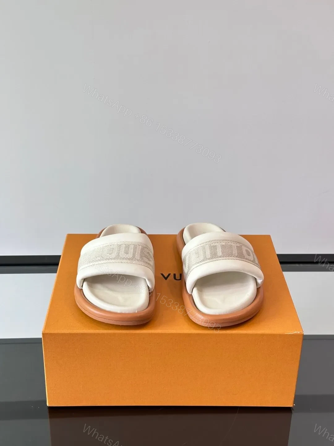 View 2 of LV Men Beige Fabric Slides With Brown Sole