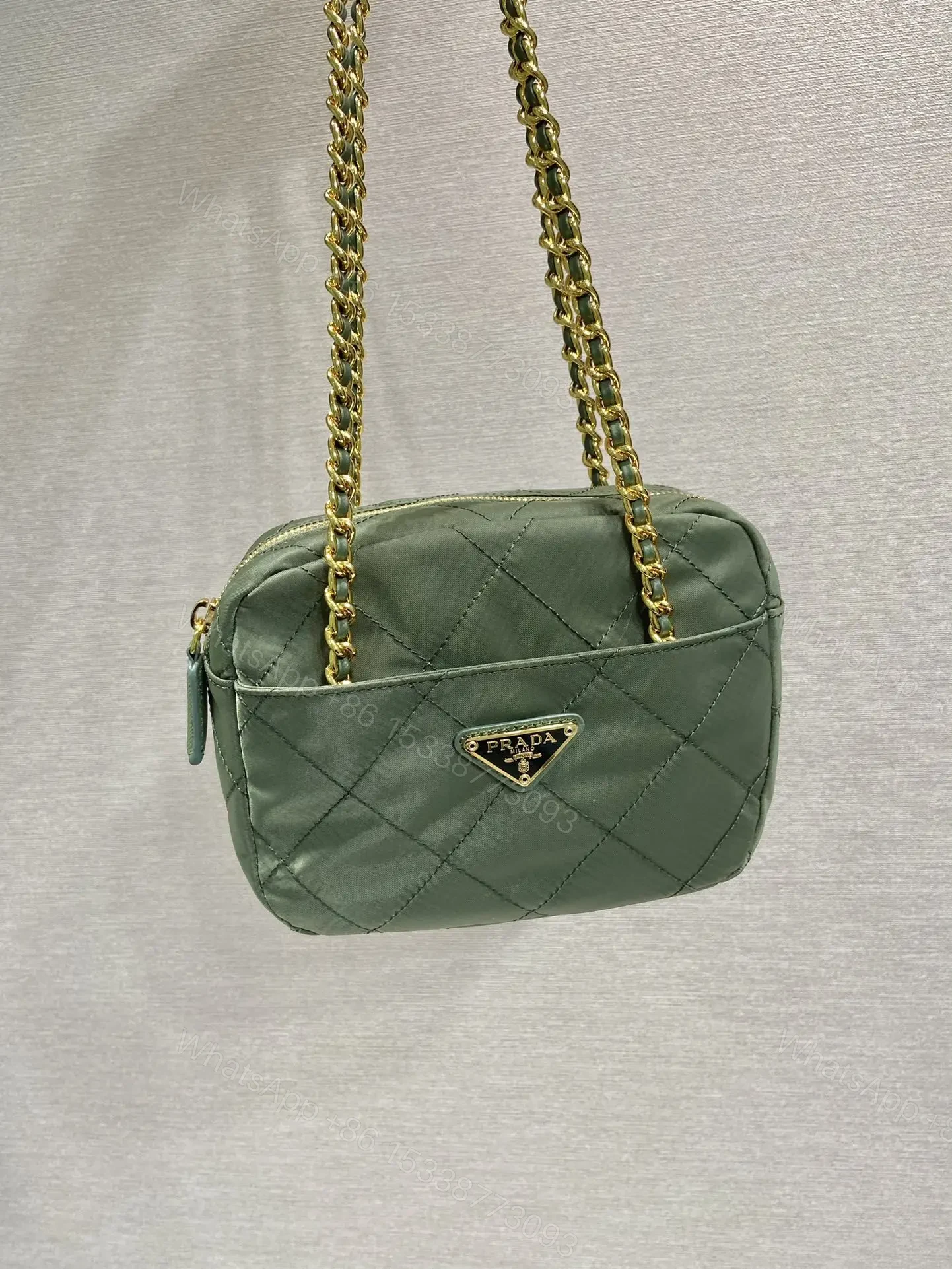 QUILTED HOBO BAG 19 IN PICKLE GREEN HANDMADE NYLON GOLD HARDWARE — view 1