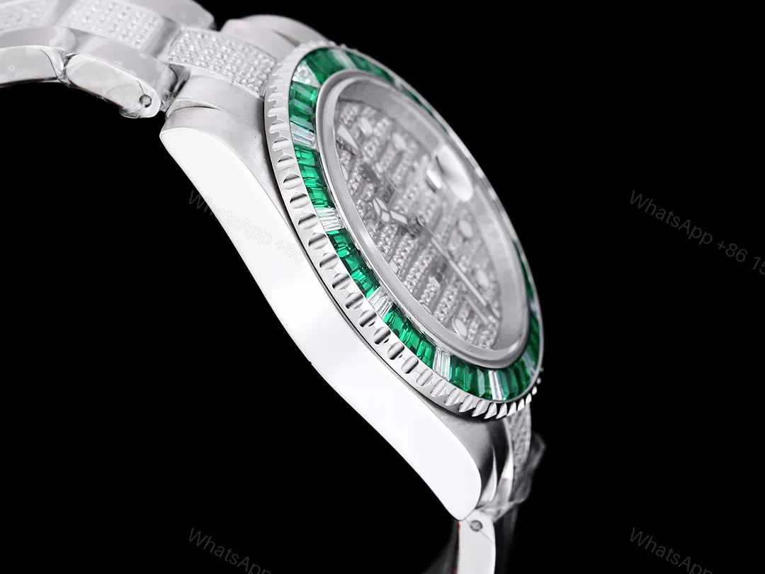 View 6 of Rolex Submariner Green Baguette Diamond Replica 42MM Premium Meteorite Dial Pavé Oyster Bracelet RG-ROLEX-SUB-GREEN-BAGUETTE-42
