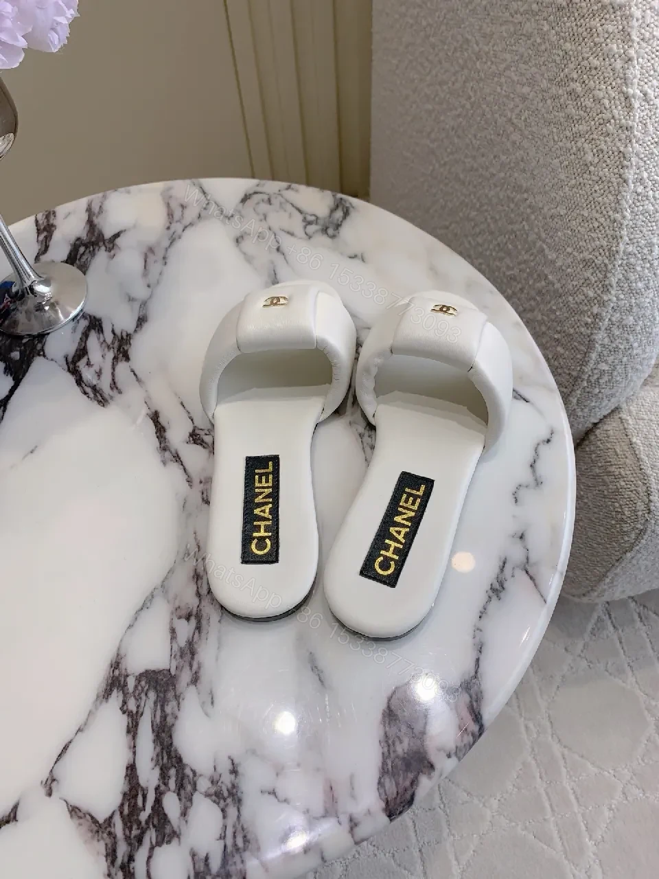 View 3 of White Leather Slide Sandals - Luxe Comfort, Subtle Logo