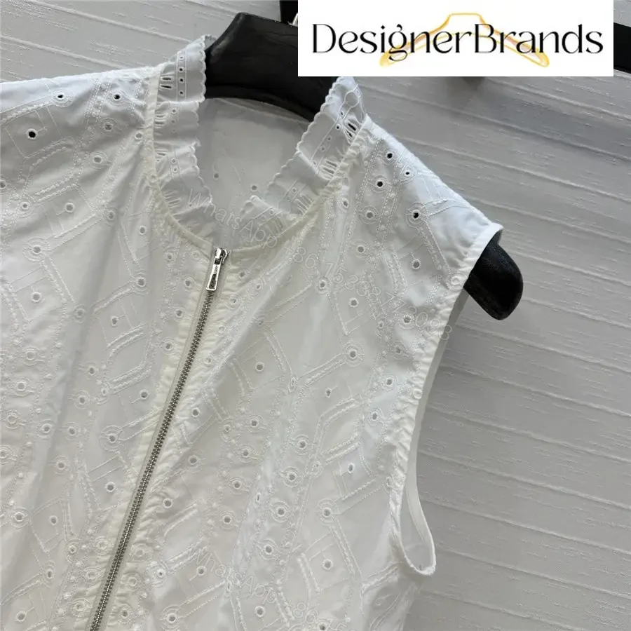 View 4 of Hermes White Lace-Embroidered Sleeveless Zip-Up Top