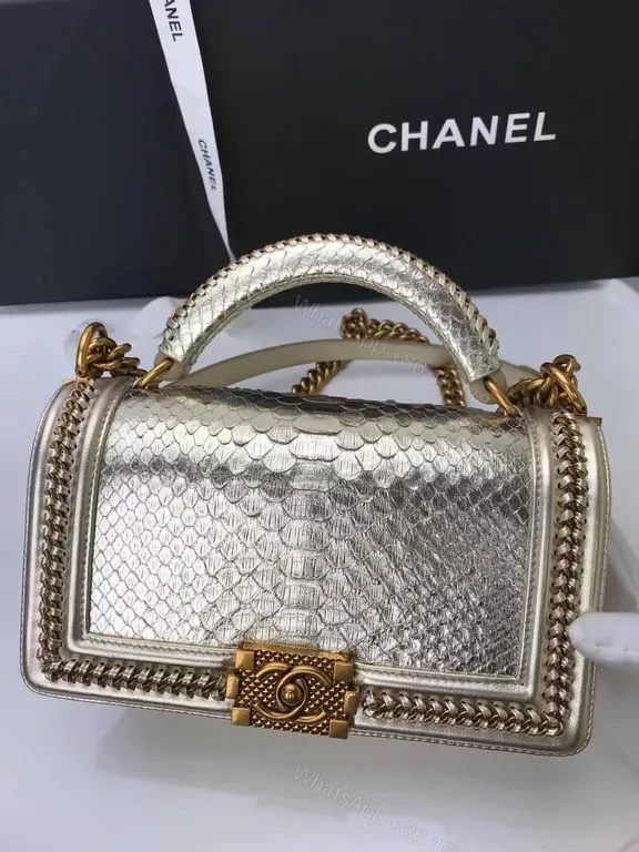 View 2 of Python Leather Chanel-Inspired Handbag: Rich Texture, Gold Clasp