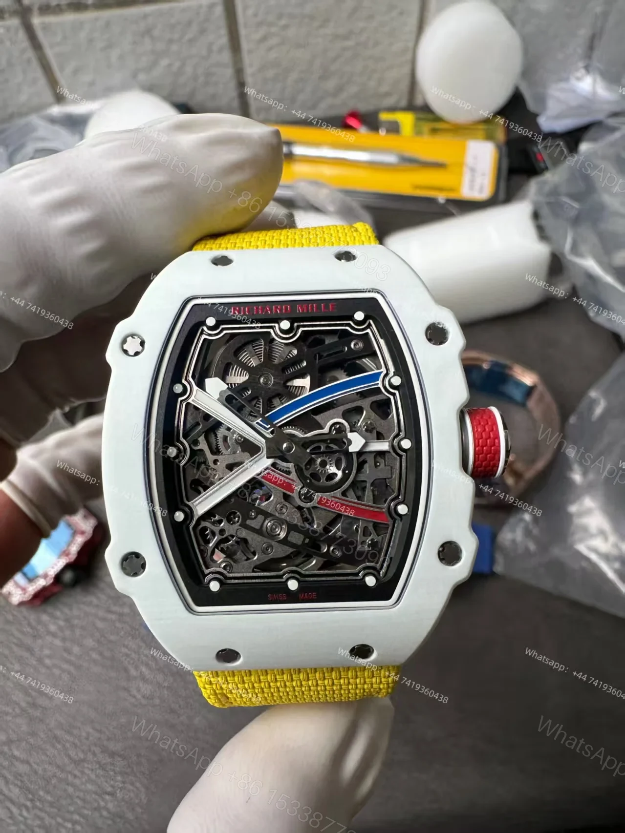 View 6 of Super Clone Richard Mille RM67-02 White Ceramic Skeleton Tourbillon 1:1 Replica Watch with Yellow Strap