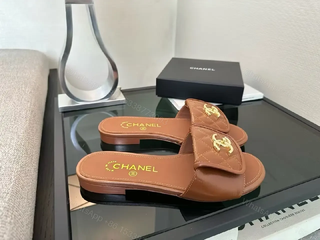 View 9 of Quilted Leather Slides with Gold Hardware, Luxury Casual Glide