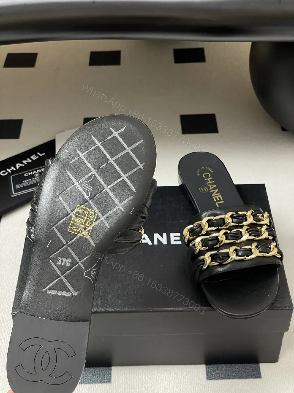 View 7 of Black Leather Slide with Gold Chain Detail – Luxury Everyday Comfort