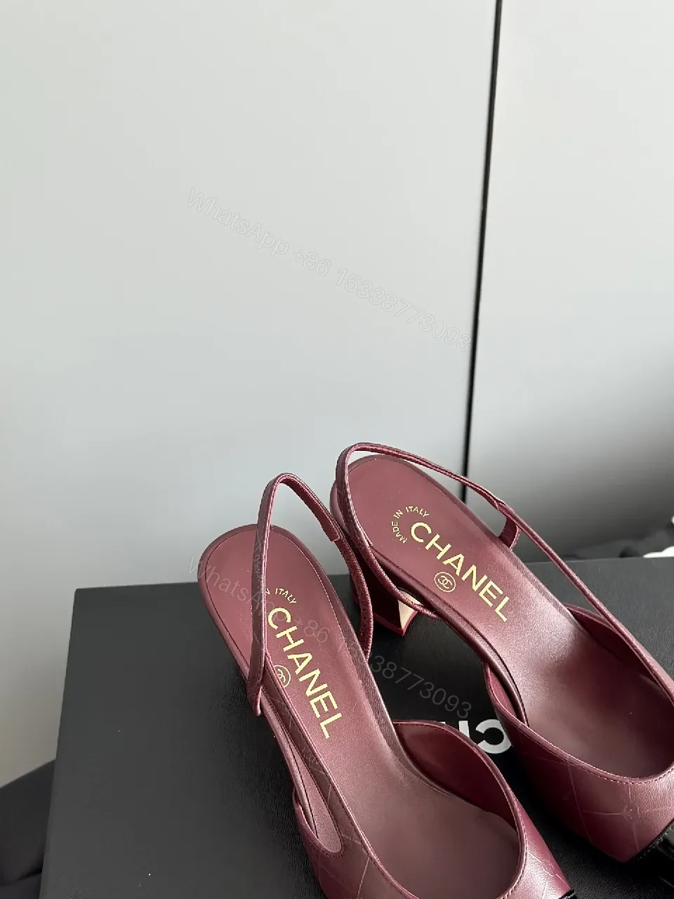 View 8 of Burgundy Leather Slingback Heels with Black Cap Toe