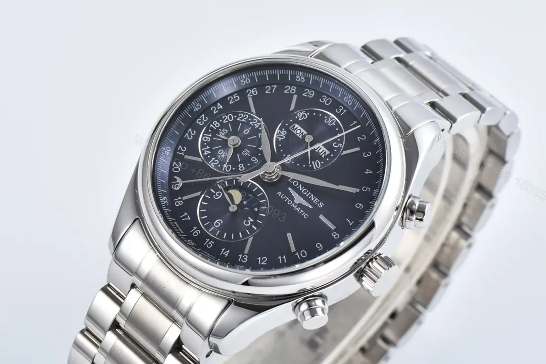 View 3 of Longines Master Collection Moonphase Chronograph Watch Silver Stainless Steel Strap Blue Dial 42mm Case TW V9 Edition
