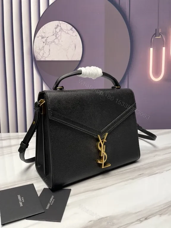 View 5 of Black Pebbled Leather Flap Bag - Gold Logo, Structured Chic Bag