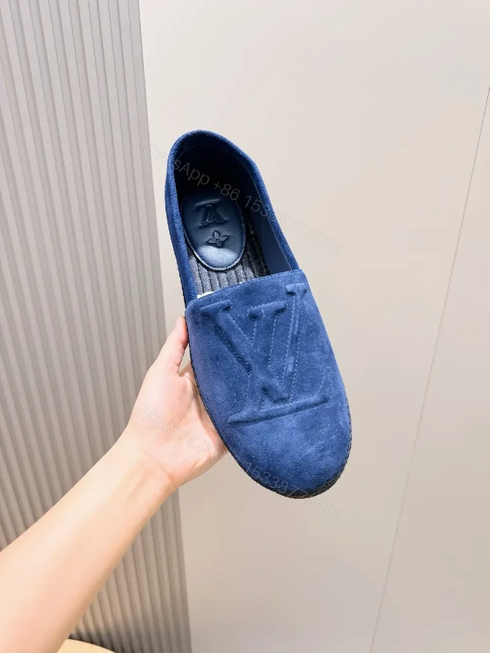 View 5 of Navy Suede LV-Embellished Slip-Ons: Quiet Comfort