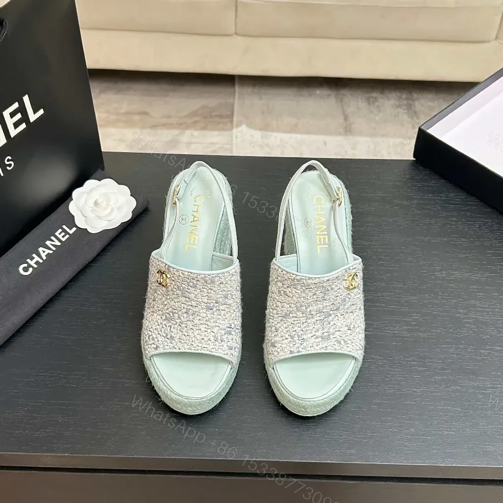 View 7 of Mint Boucle Espadrille Wedges – Platform Comfort, Logo Detail