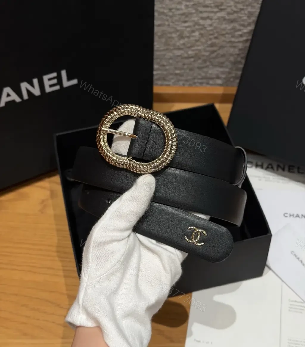 View 7 of Black Leather Belt Luxury Crystals Oval Buckle with Chanel Logo