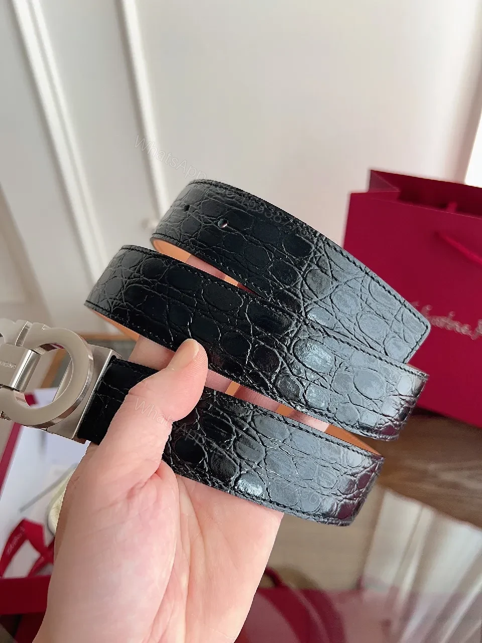 View 6 of Nude Leather Croc-Texture Belt with Matte Hardware