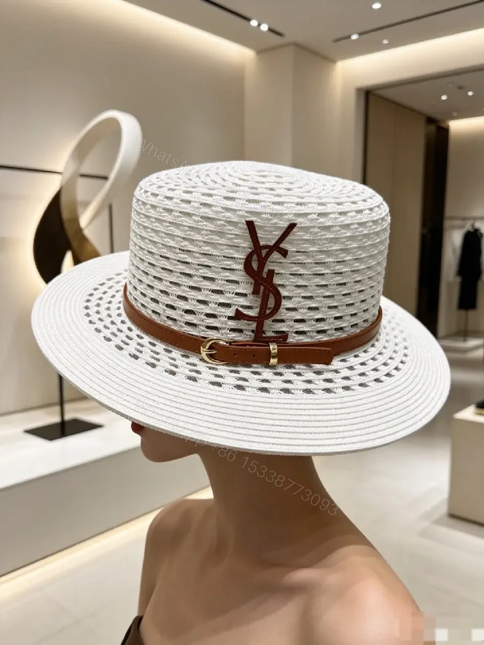 View 10 of Natural Straw Fedora Hat Leather Strap YSL Emblem