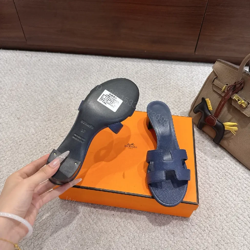 View 4 of Navy Leather Hermès-Inspired Sandals Blue Slide Sandals