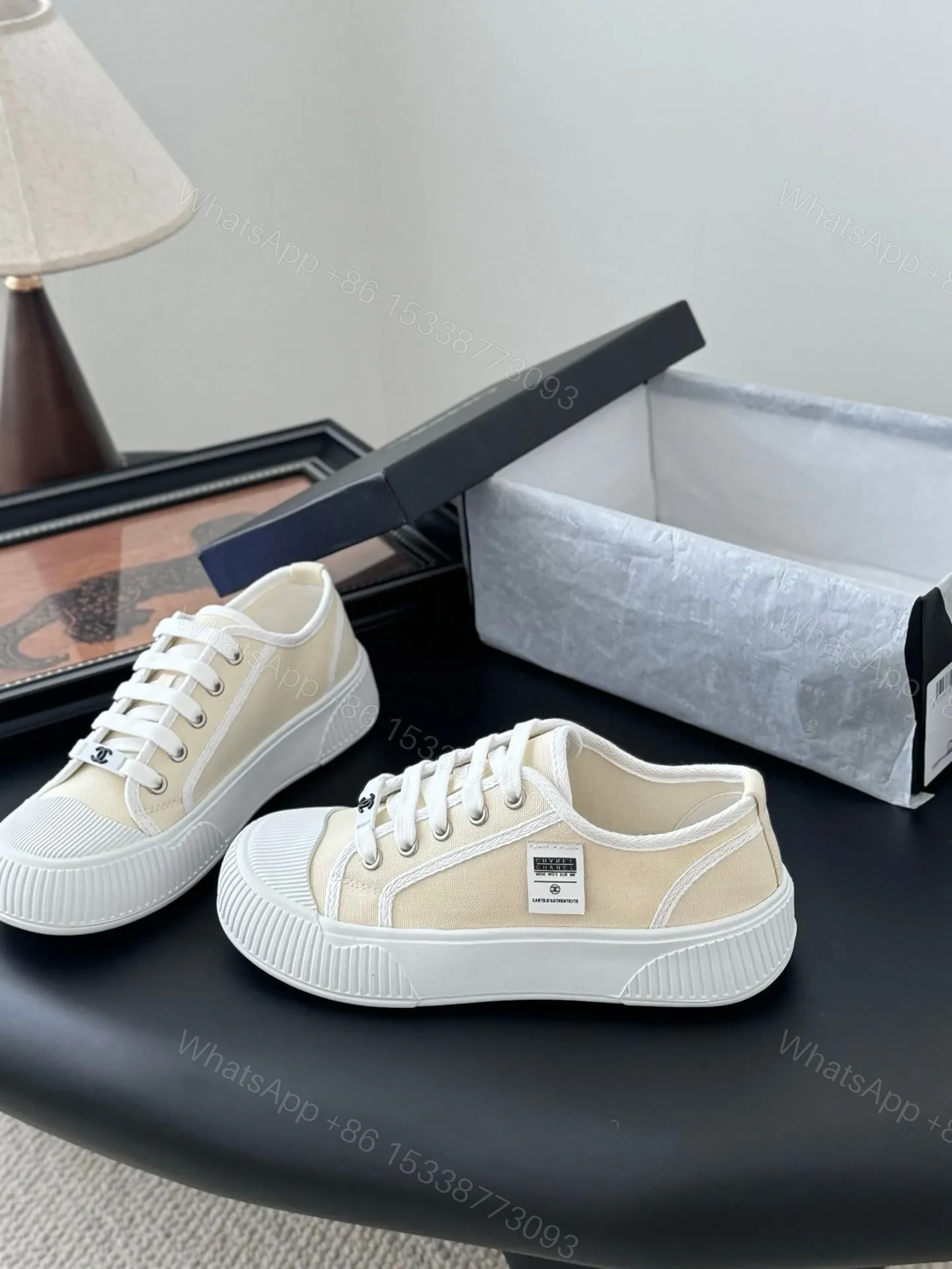 View 2 of Chanel Women White Canvas Lace-Up Sneakers