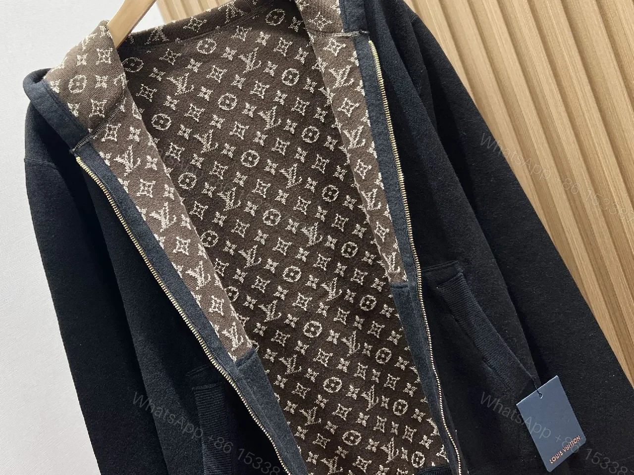 View 8 of Black Knit Zip Hoodie with Subtle LV Patch