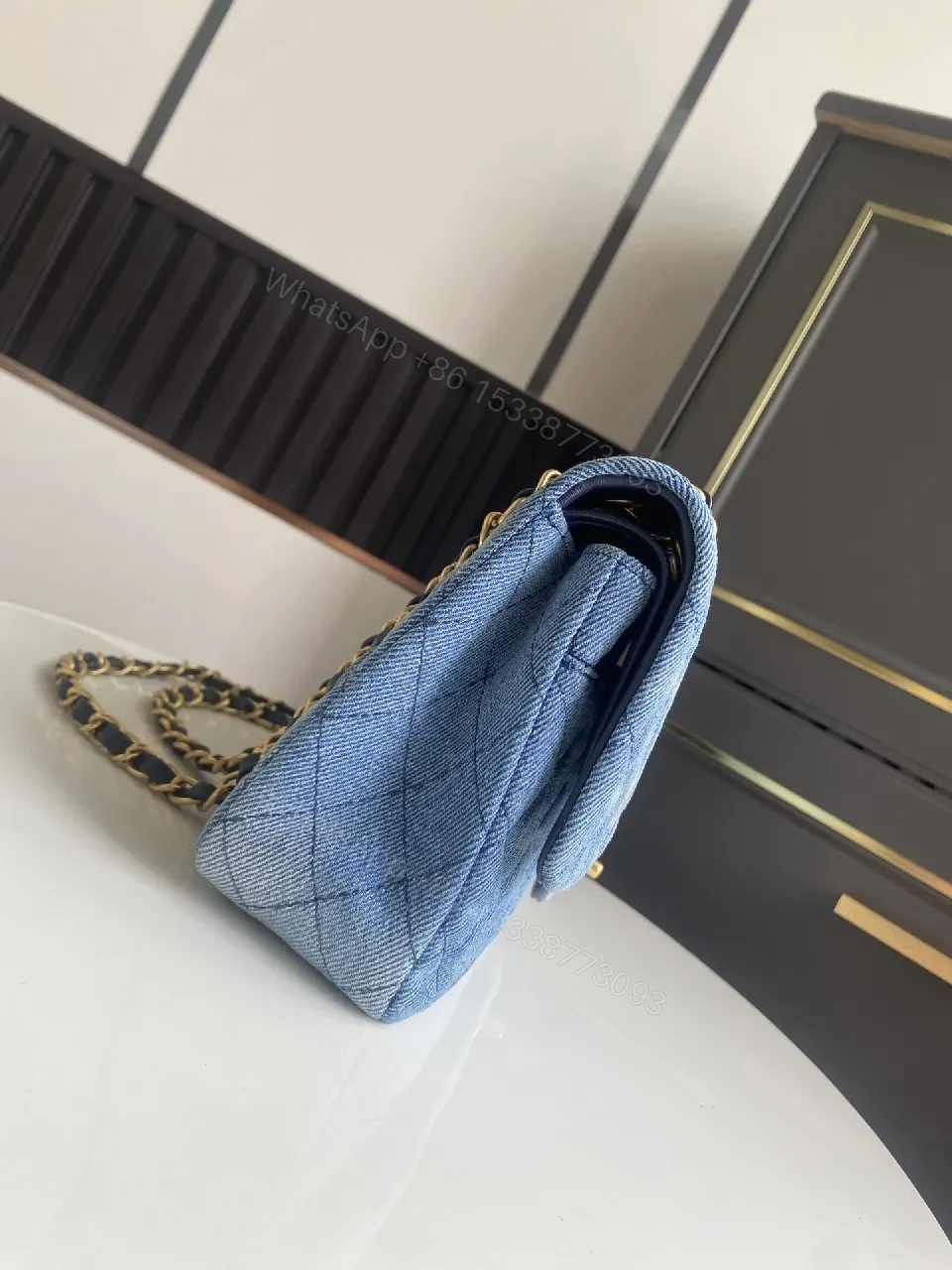 View 7 of Denim Quilted Bag — Gold Chain Flap, Everyday Luxury
