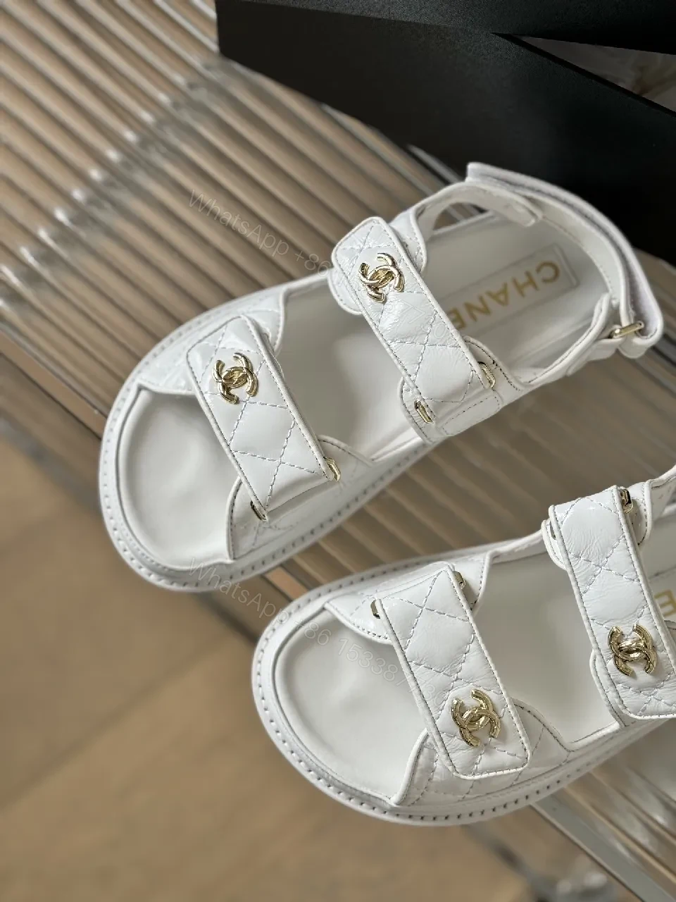 View 5 of White Leather Sandals with Gold Hardware, Quilted Strap Comfort
