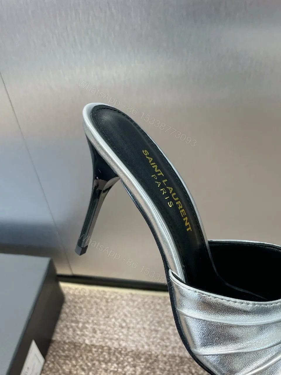 View 9 of Metallic Pointed-Toe Mule Heels with Signature Hardware Realized