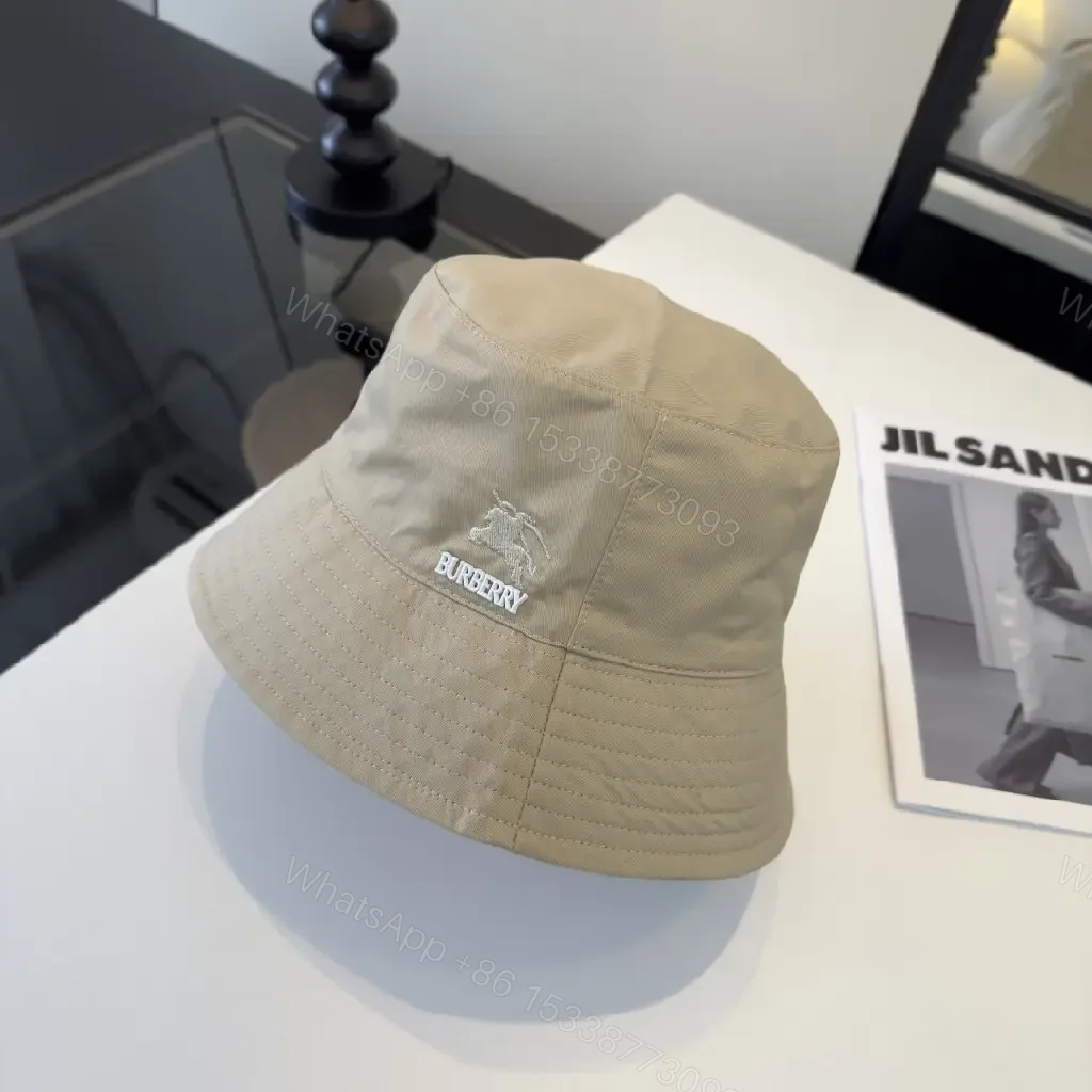View 2 of Light Beige Khaki Bucket Hat with Embroidered Logo, Burberry Style