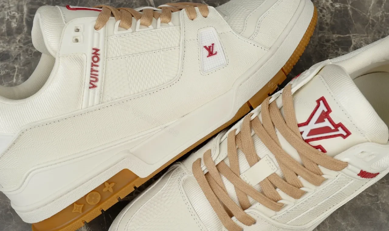 View 8 of Premium White Trail Runner – Beige Accents, Leather-Synthetic, Low-Profile, Discreet LV Details, Men’s Sneakers