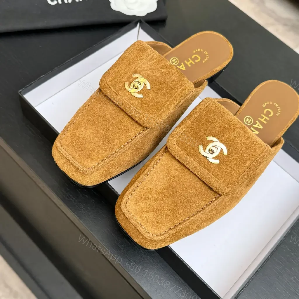 View 8 of Beige Suede Slip-On Mules with Chanel Logo Embellishment