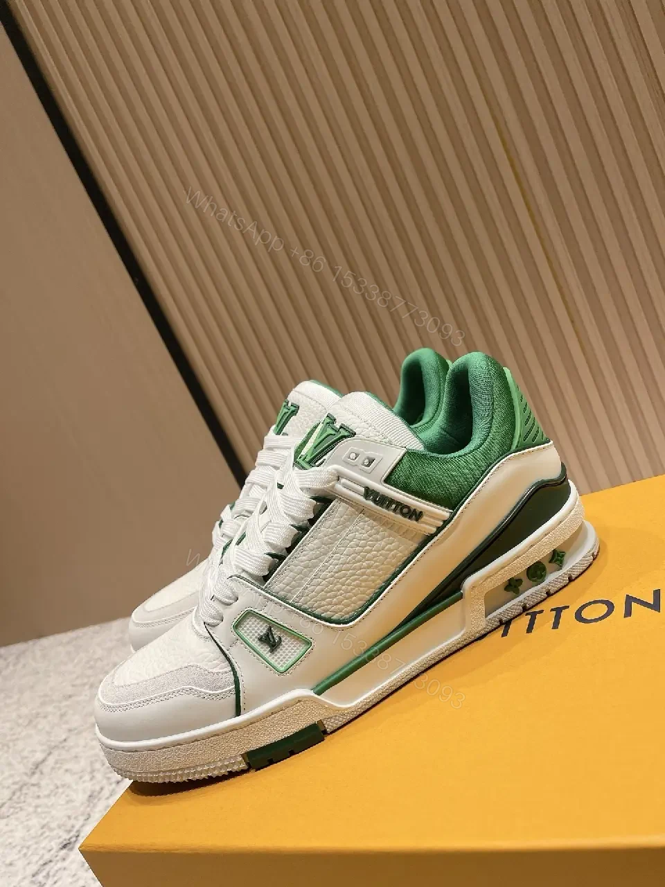View 3 of White Leather Sneakers with Green Accents: Luxury Everyday Streetwear