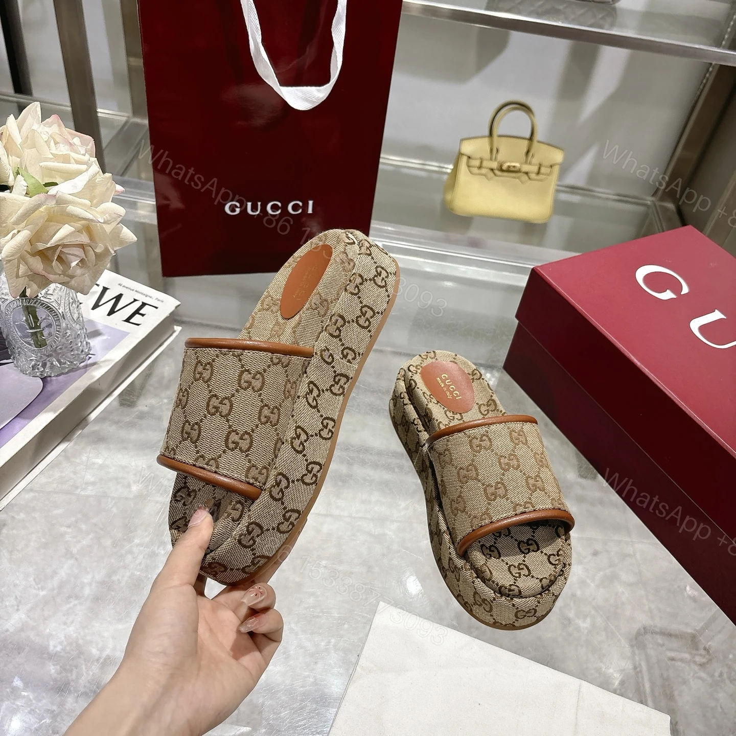 View 3 of GUCCI WOMEN’S GG PLATFORM SANDAL BEIGE 816797 FAD9C 9745