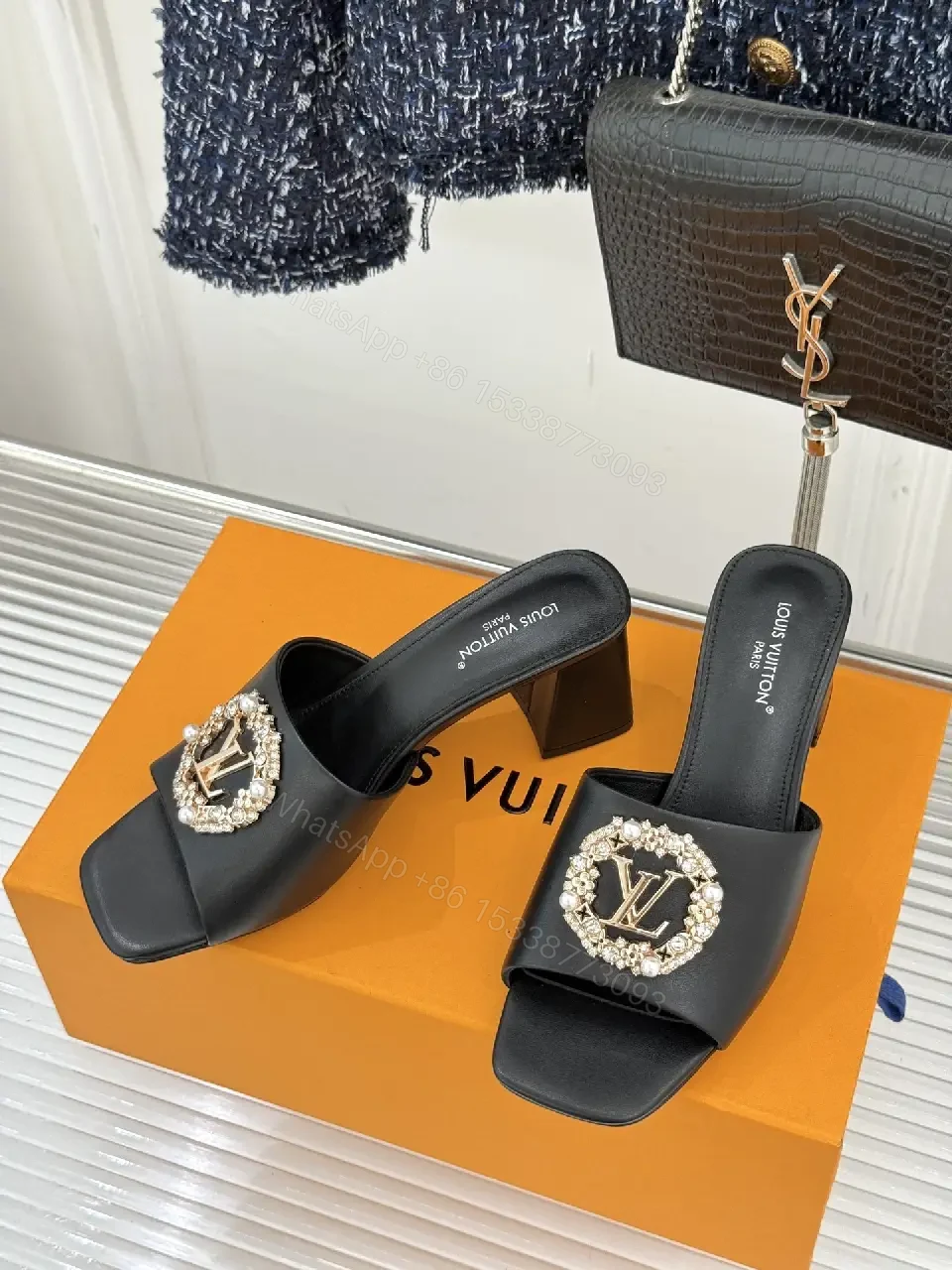 View 9 of Black Leather Slingback Slides — Crystal Emblem, 2" Block Heel