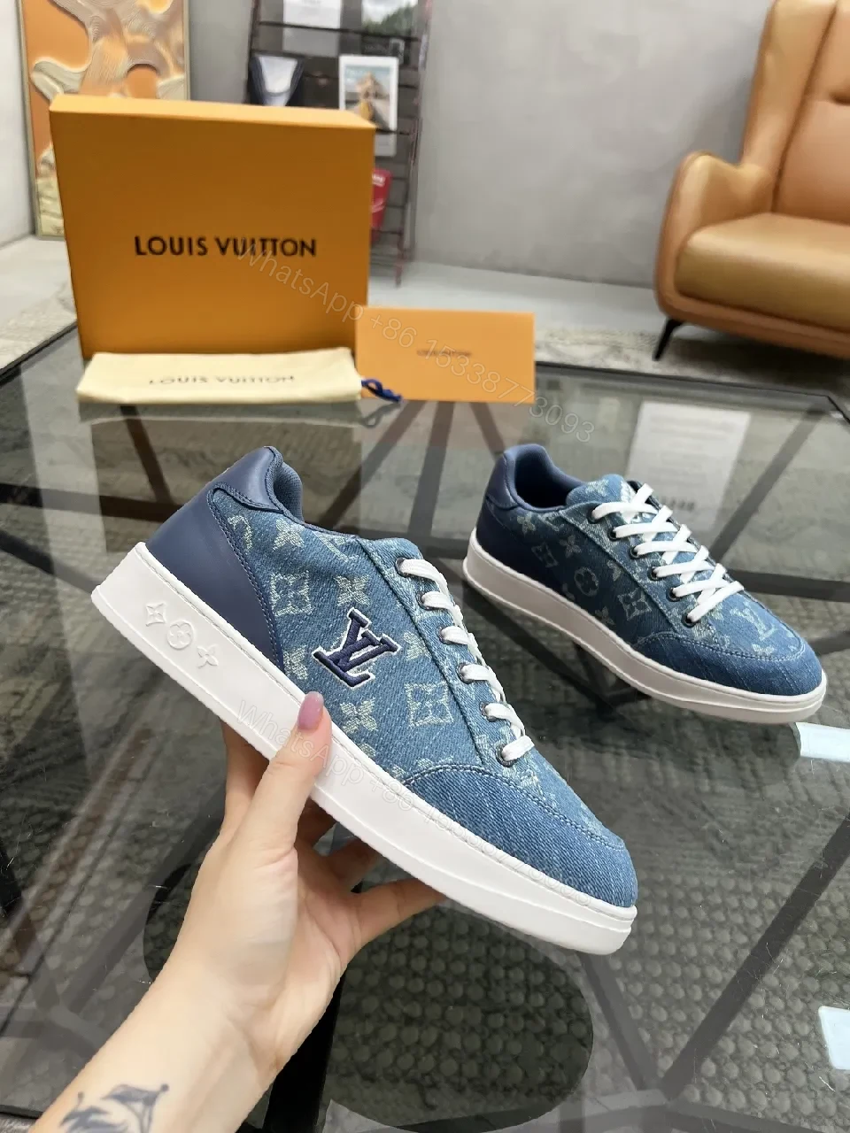 View 9 of Denim-Textured Luxury Sneakers with Monogram Embroidery