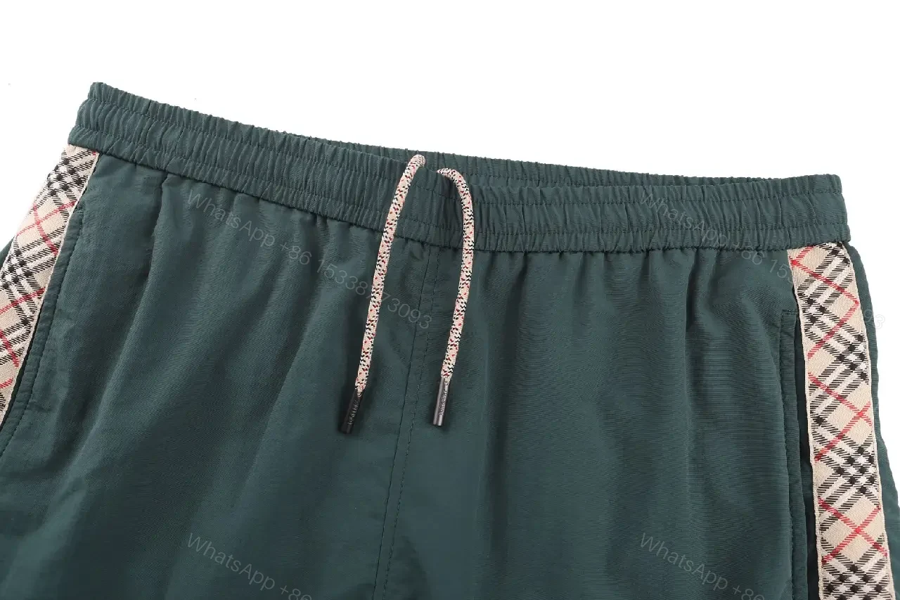 View 10 of Dark Green Shorts Burberry-style Plaid Panels Swimwear Drawstring Waist Men’s Shorts