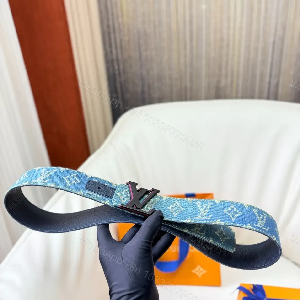 View 3 of Denim-Print Belt with Monogram Hardware: Luxury-Casual Belt
