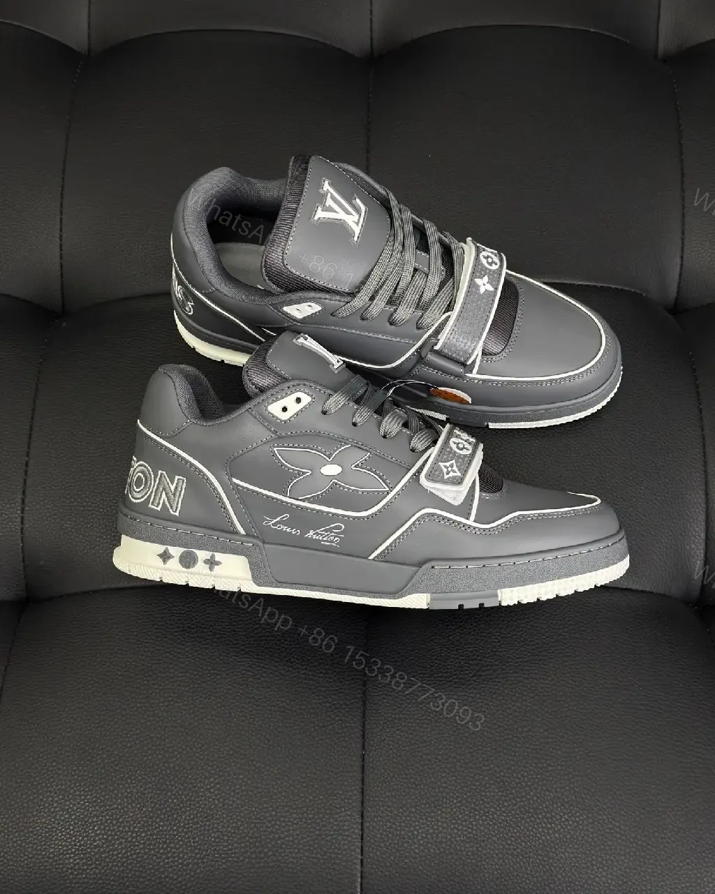View 3 of Grey Leather Structured Sneakers with Velcro Detail