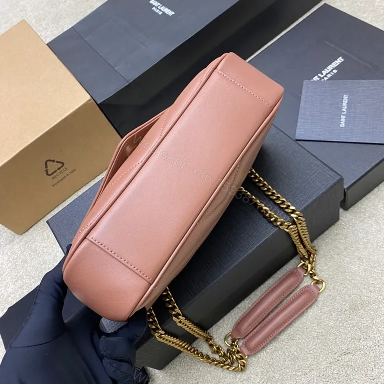 View 9 of Chic Pink Leather Flap Bag with Gold YSL Monogram, Luxury Everyday Essential