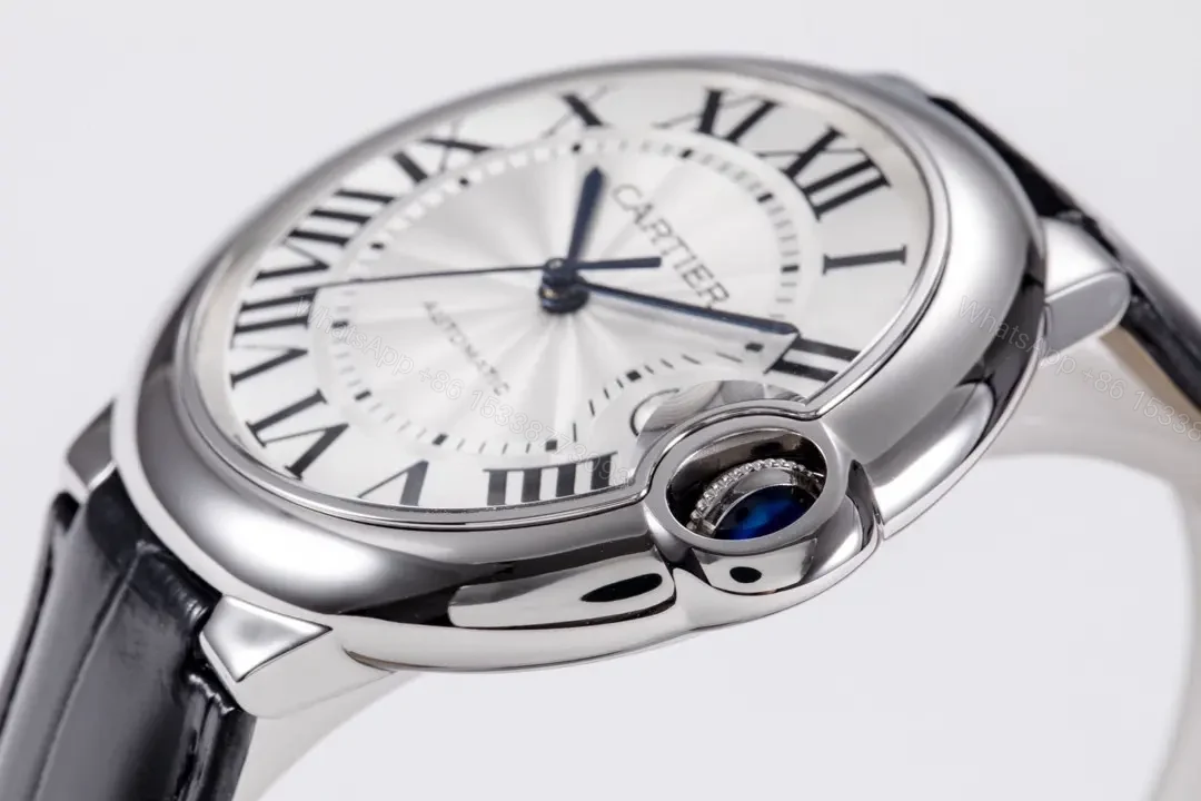 View 5 of TW Factory Cartier Ballon Bleu 42mm Automatic Watch – Silver Dial with Black Leather Strap