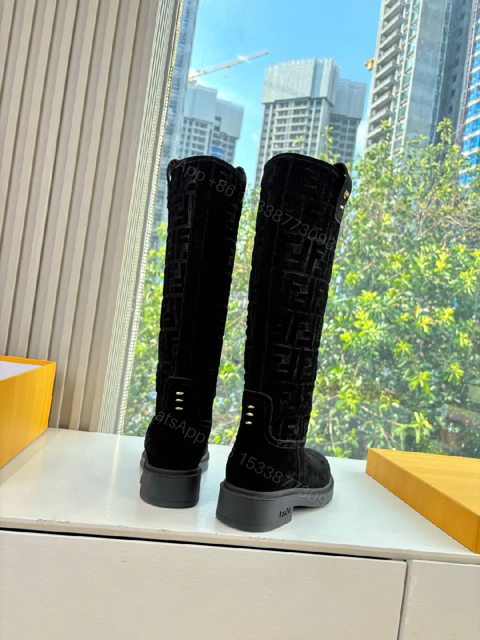 View 2 of Black Suede-Like Knee Boots with Signature Pattern Calf-Height Glam