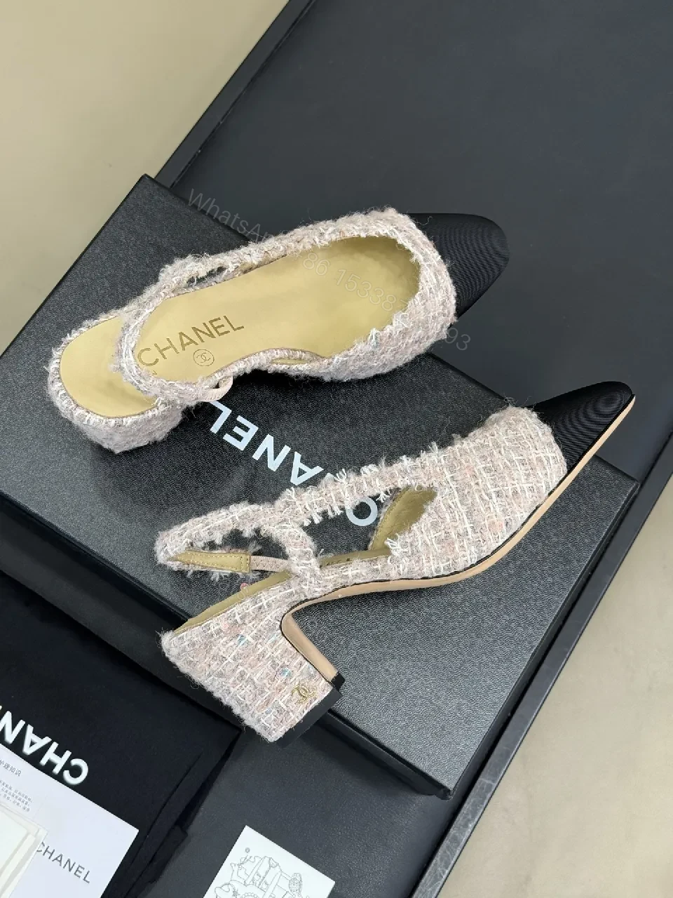 View 4 of Tweed Slingback Mules with Black Cap Toe, Luxury Comfort